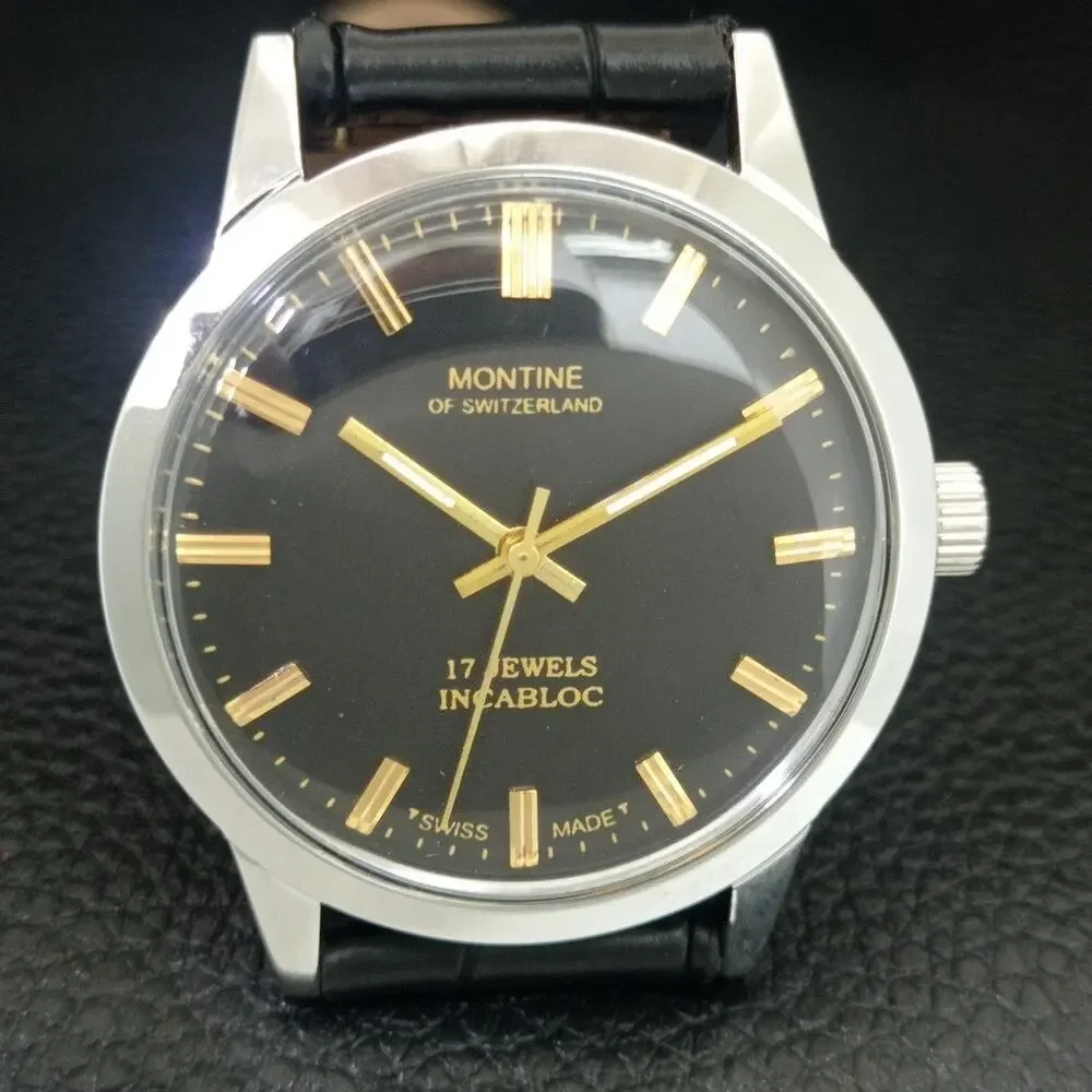 Vintage 1976 Montine Of Switzerland Manual Mens Silver Watch W/Leather Strap